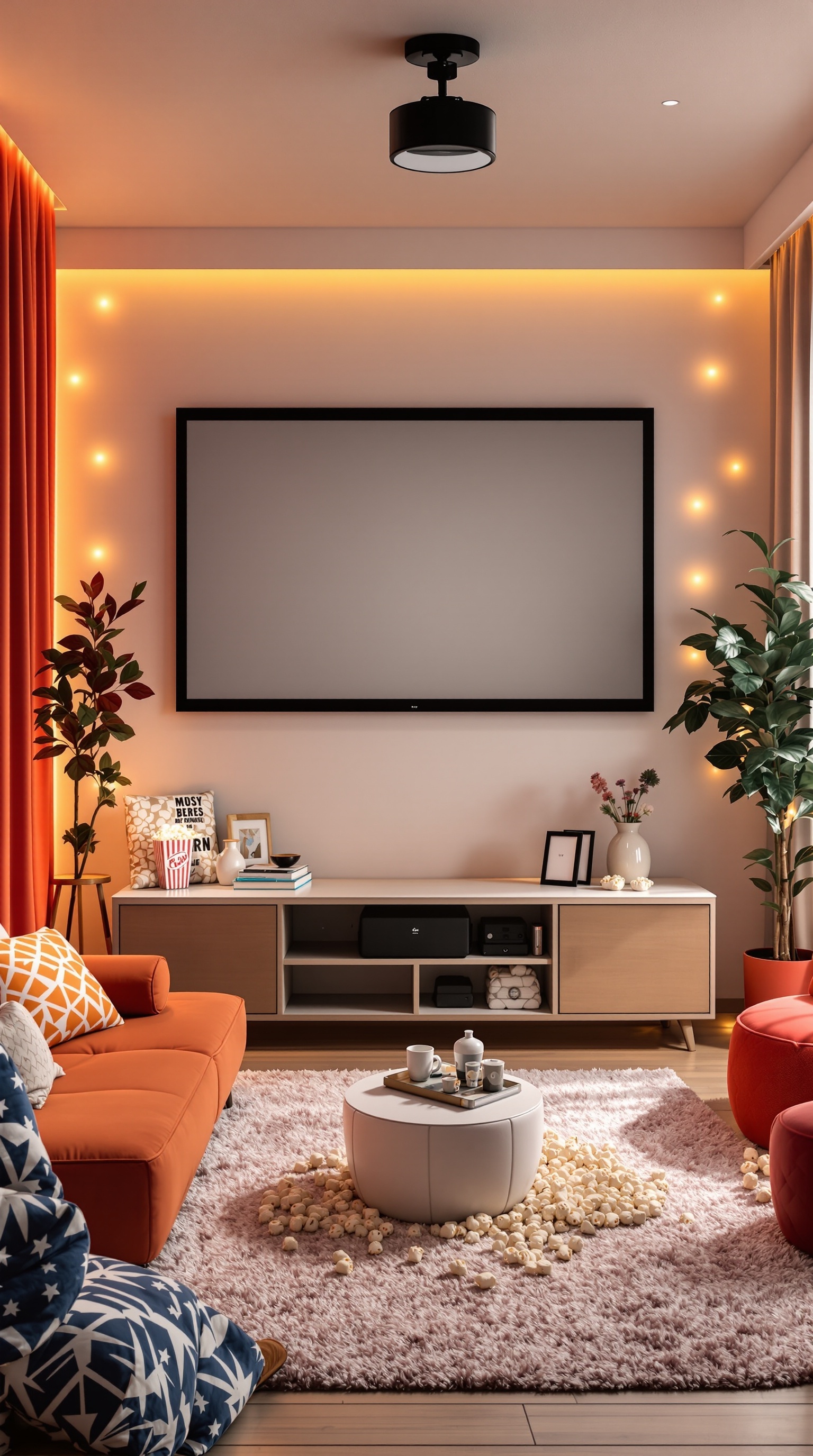 A cozy cinema corner with an orange couch, a large screen, and a coffee table with popcorn and drinks.