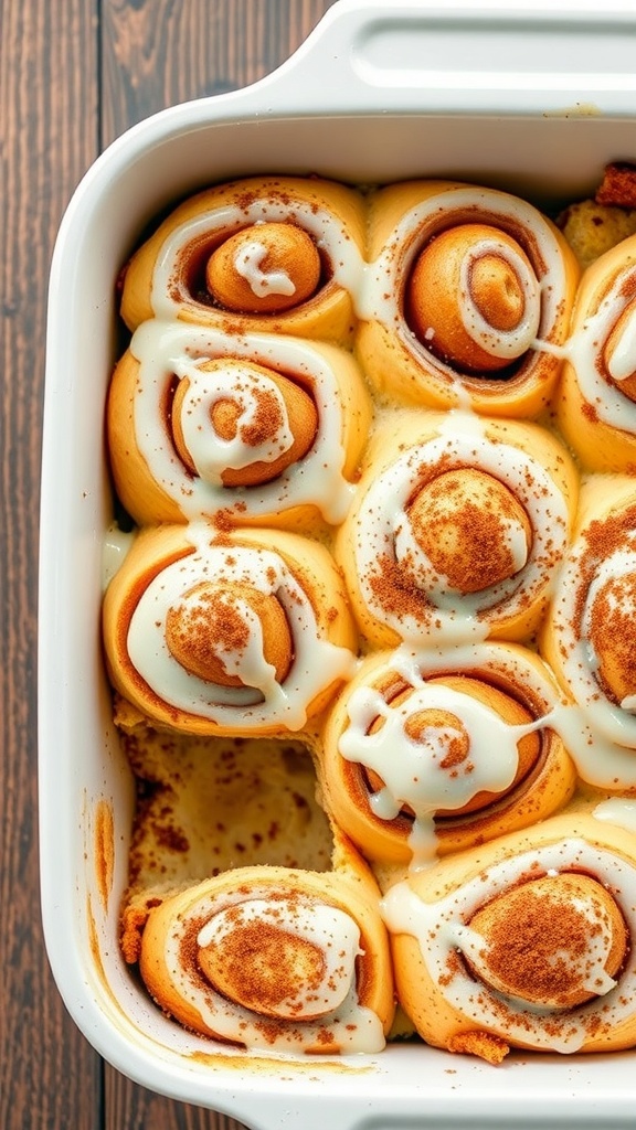 A delicious cinnamon roll casserole topped with icing and cinnamon.