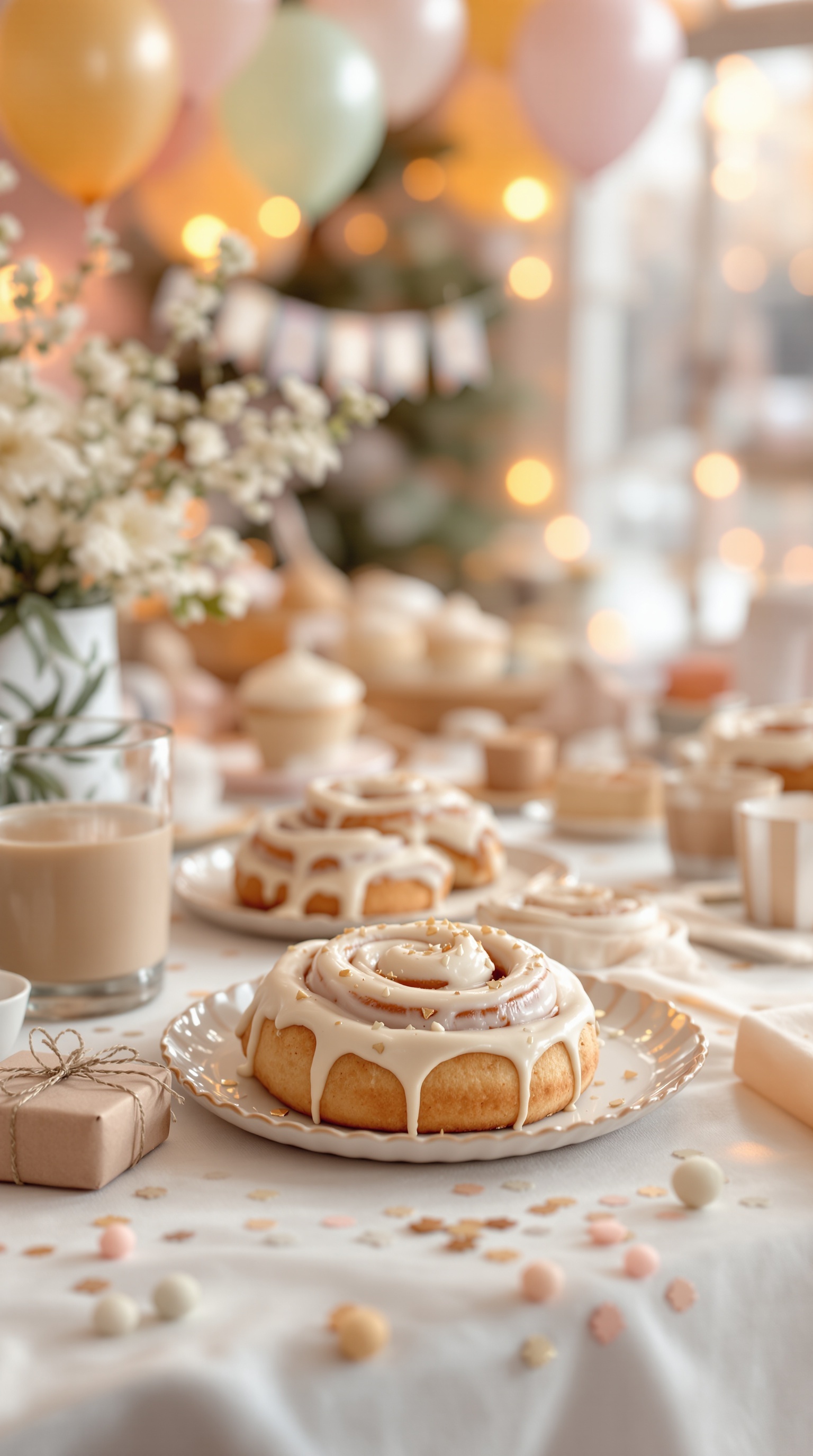 A beautifully arranged table with cinnamon roll cookies, flowers, and festive decorations for a winter baby shower.