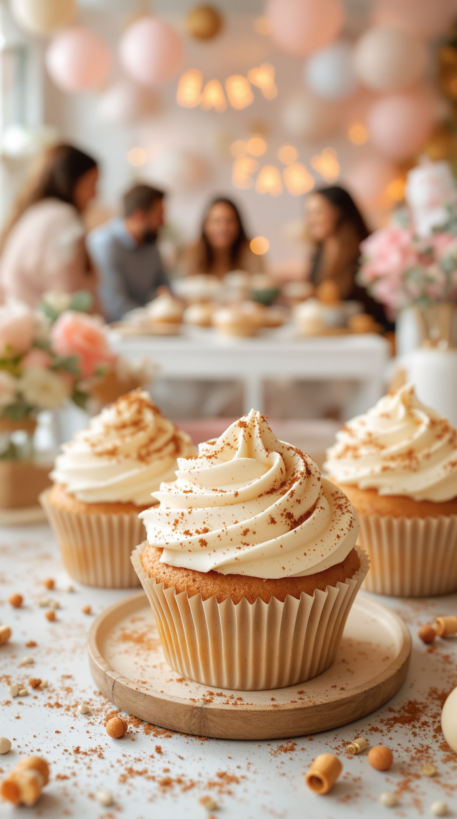 Delicious cinnamon spice cupcakes with creamy frosting, decorated with cinnamon, on a festive table for a winter baby shower.