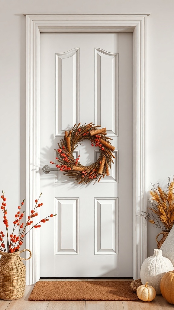 A white door decorated with a cinnamon stick and berry wreath, surrounded by pumpkins and a woven basket.