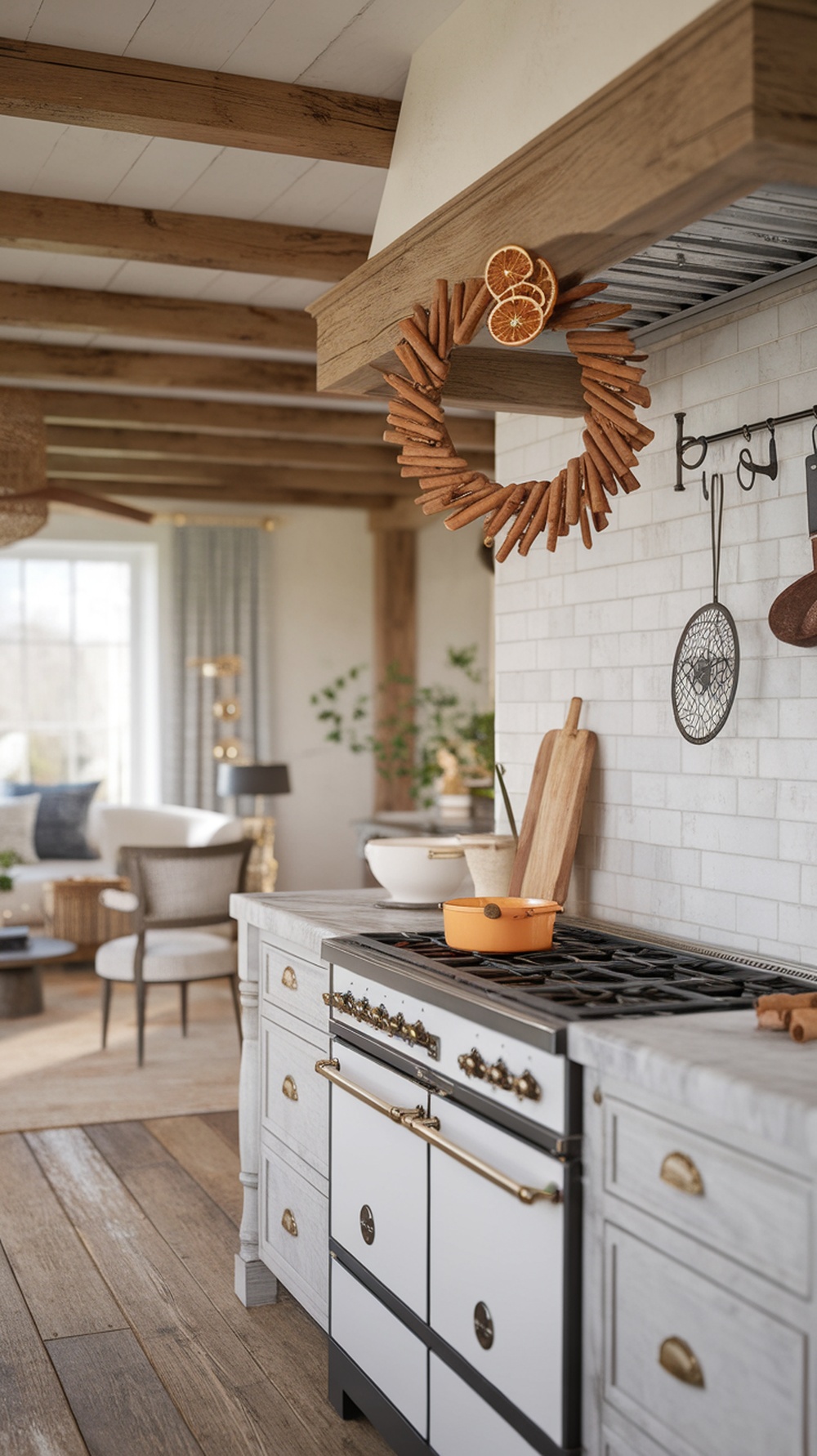 A wreath made of cinnamon sticks and dried orange slices hanging above a kitchen stove.