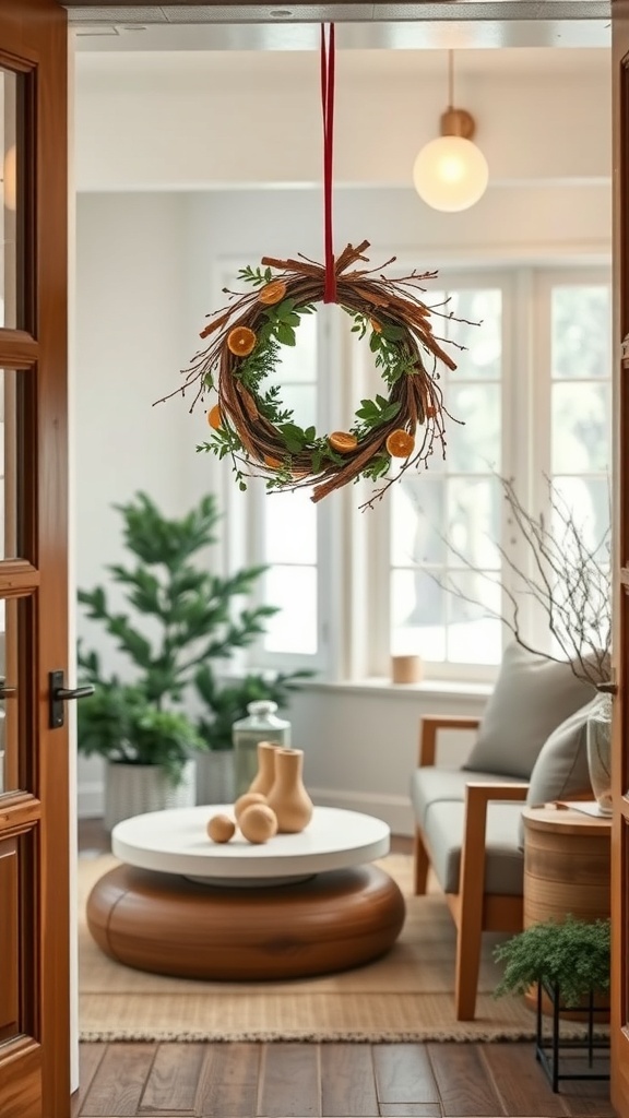 A cinnamon stick and orange slice wreath hanging on a door, with a cozy interior visible in the background.