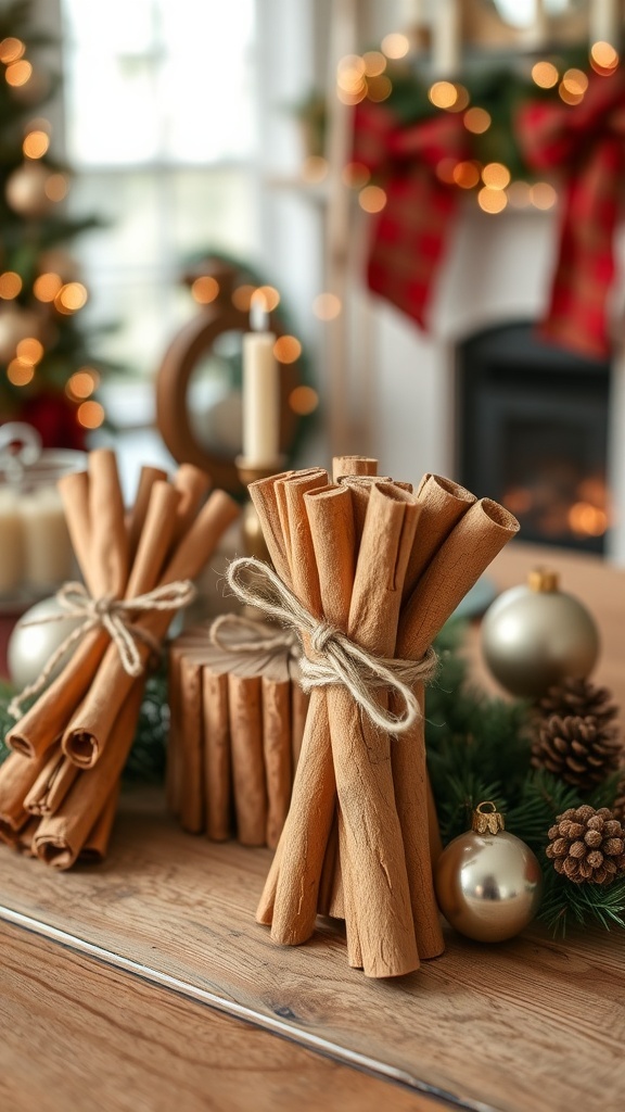 Bundles of cinnamon sticks tied with twine on a wooden table, surrounded by holiday decorations.