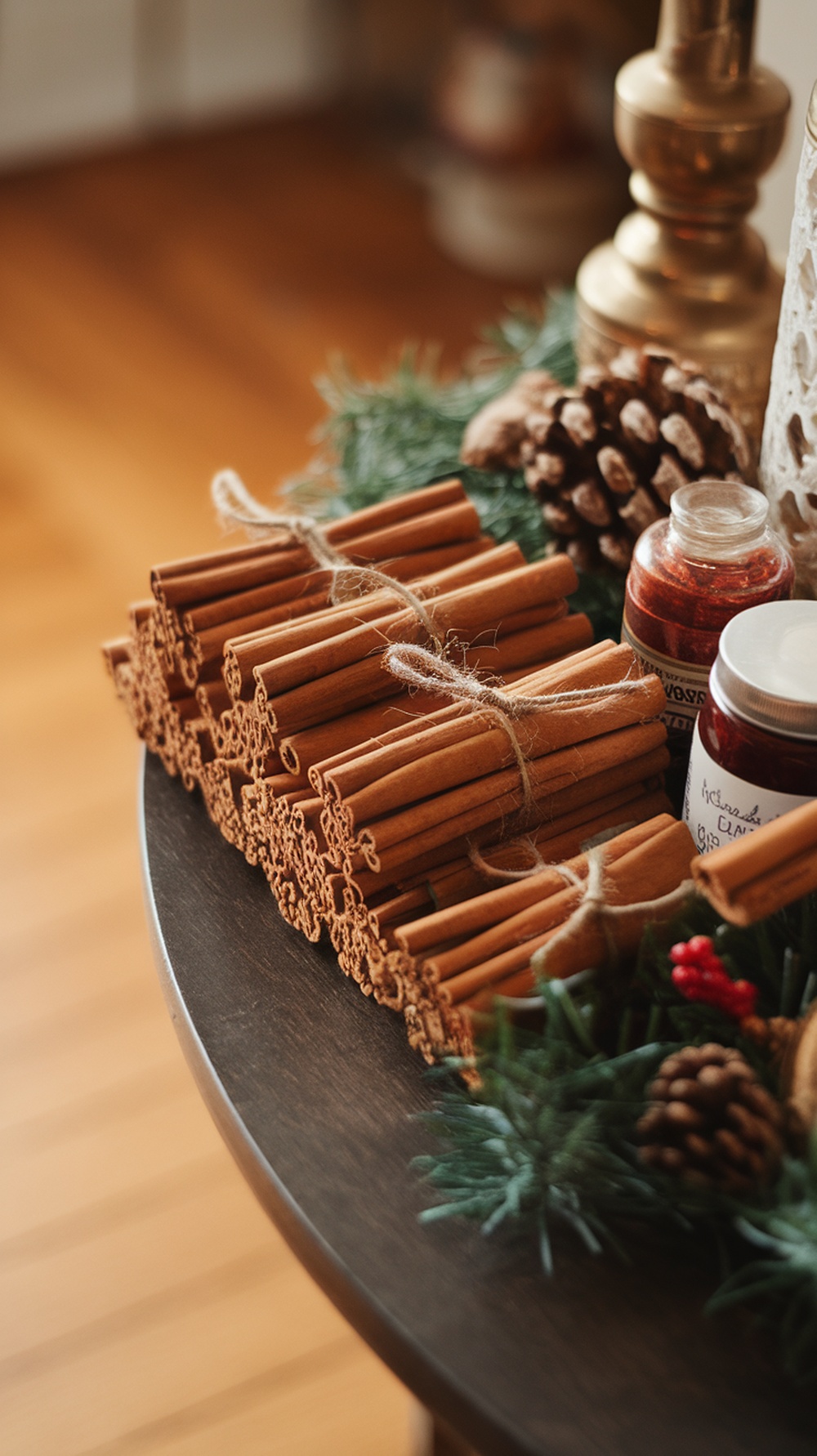 Bundles of cinnamon sticks tied with twine, surrounded by holiday decor.