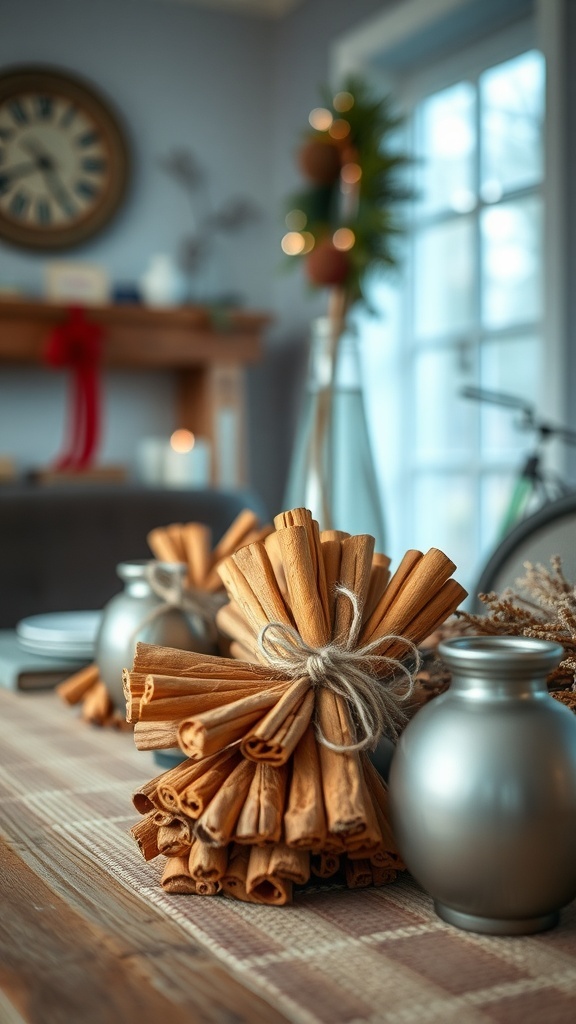 Bundles of cinnamon sticks tied with twine, placed on a rustic table