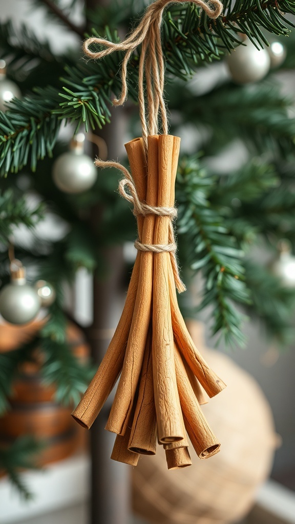 A bundle of cinnamon sticks tied with twine hanging from a Christmas tree branch.