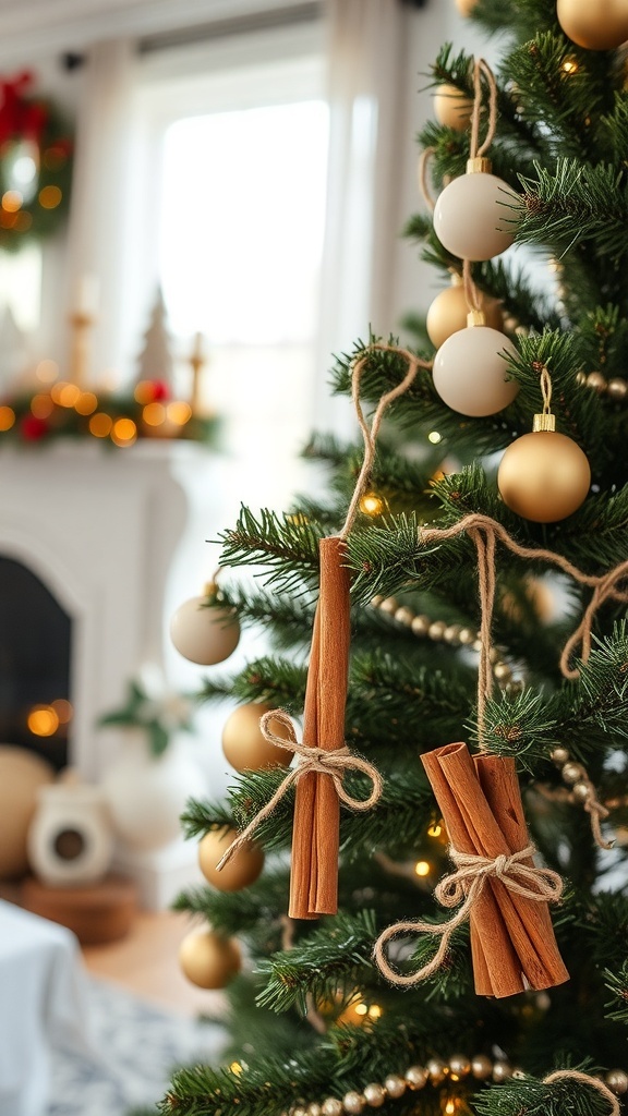 Cinnamon stick bundles hanging from a rustic Christmas tree with gold and white ornaments.