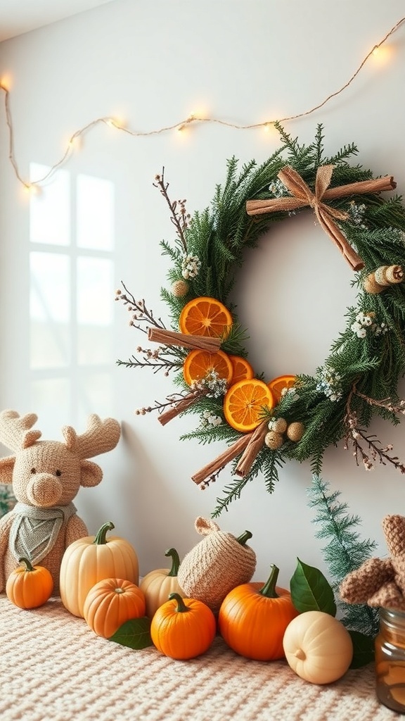 A winter wreath featuring cinnamon sticks, dried oranges, and decorative pumpkins.