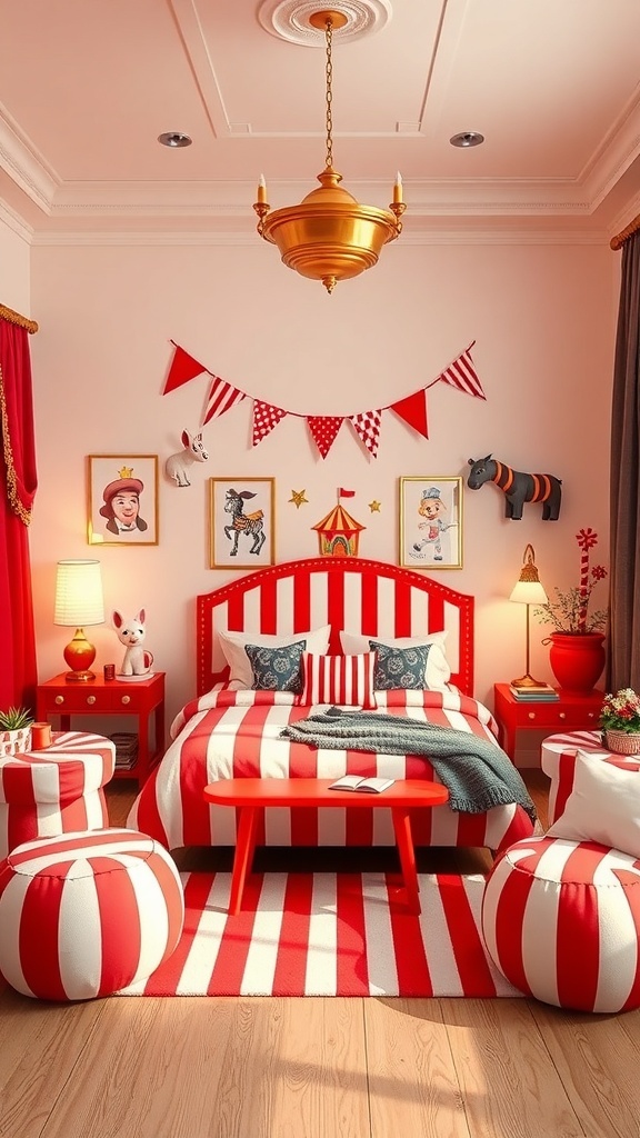 A children's bedroom decorated in a circus carnival theme with red and white stripes, playful animal decor, and cozy seating.
