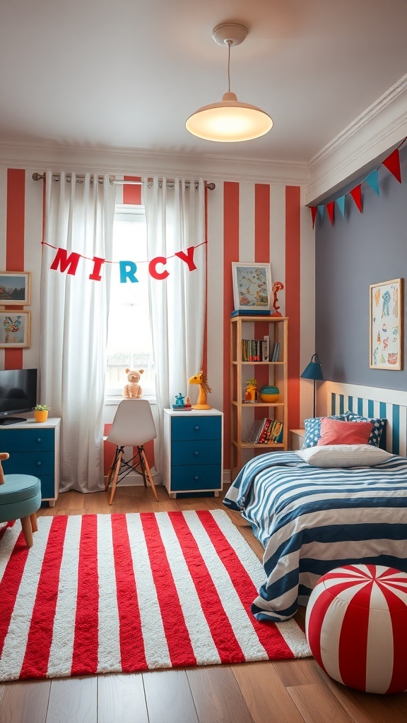 A colorful boy's bedroom with circus carnival theme, featuring red and white striped walls, blue furniture, and playful decor.