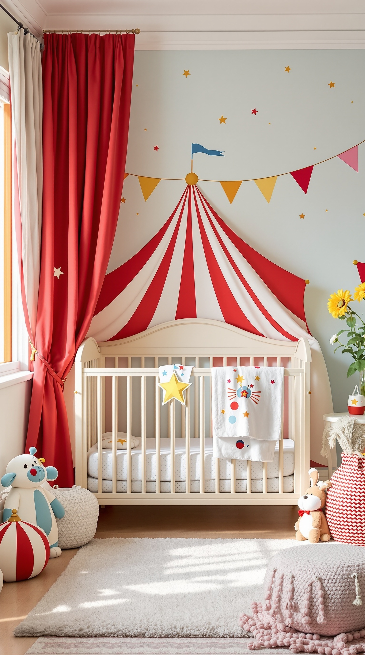 A baby boy's room with a circus theme featuring red and white striped walls, colorful decorations, and a cozy crib.