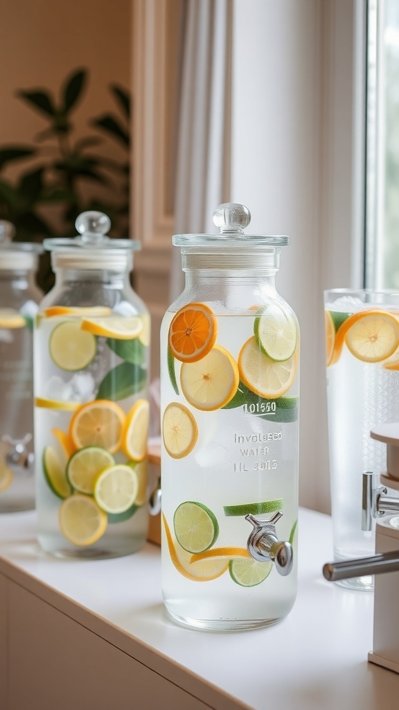 Citrus-infused water station with jars of water filled with slices of lemon, lime, and orange