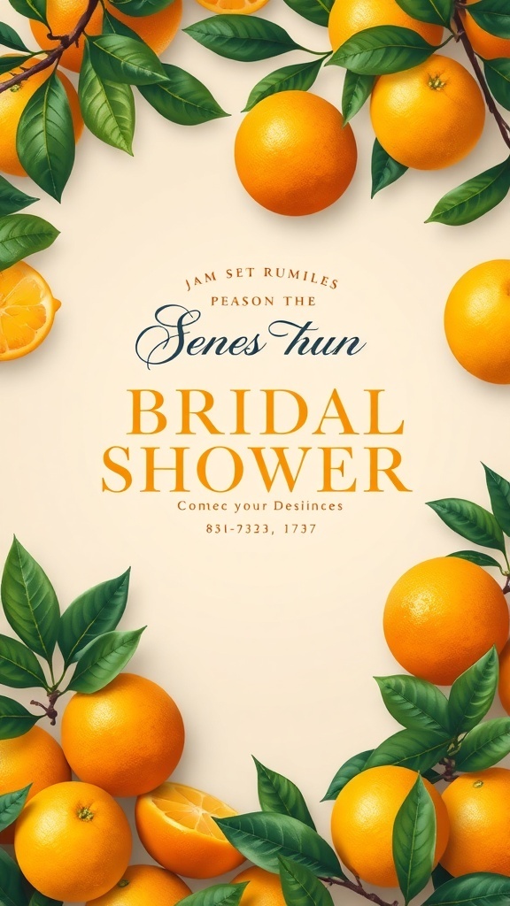A vibrant citrus-themed bridal shower invitation featuring oranges and leaves, with elegant typography.