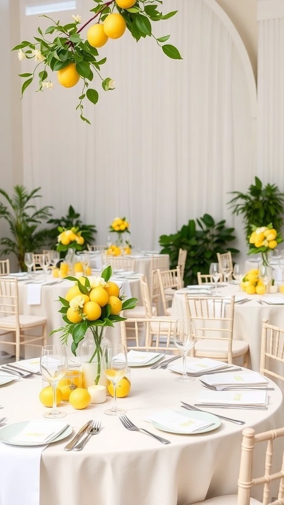 Lemon-themed bridal shower table setting with bright decorations.