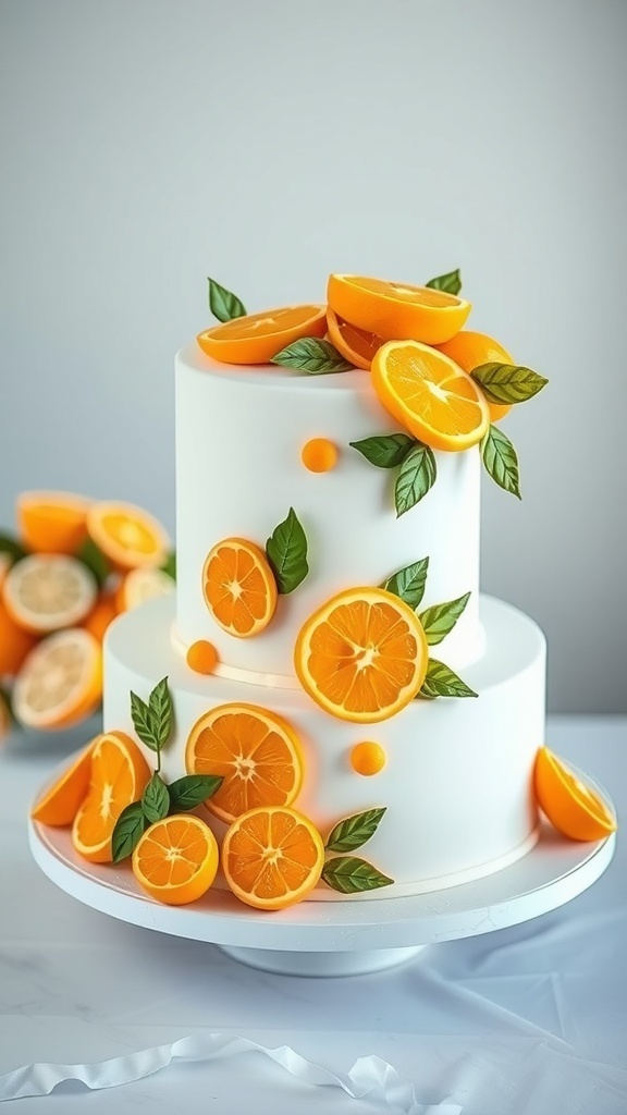 A beautifully designed two-tier citrus-themed bridal shower cake with fresh oranges and green leaves.