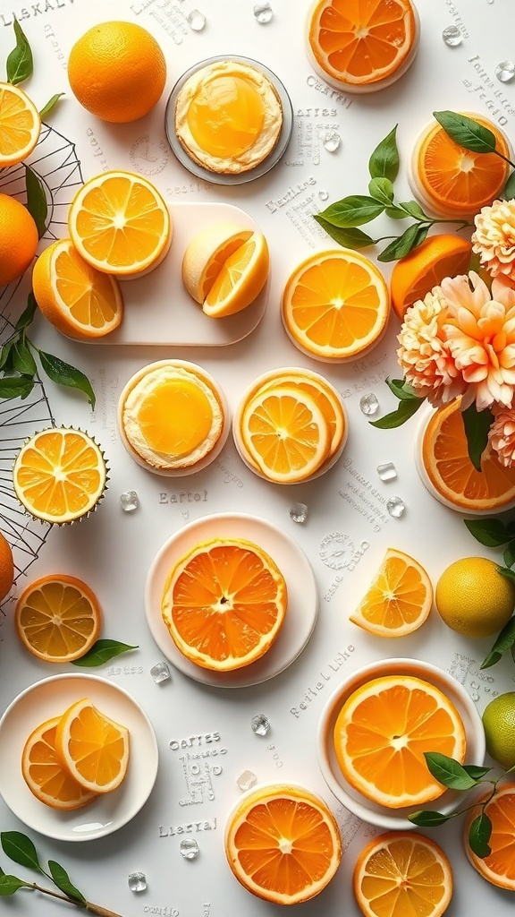 A vibrant display of citrus fruits and desserts, including orange tarts and fresh orange slices, arranged beautifully on a table.