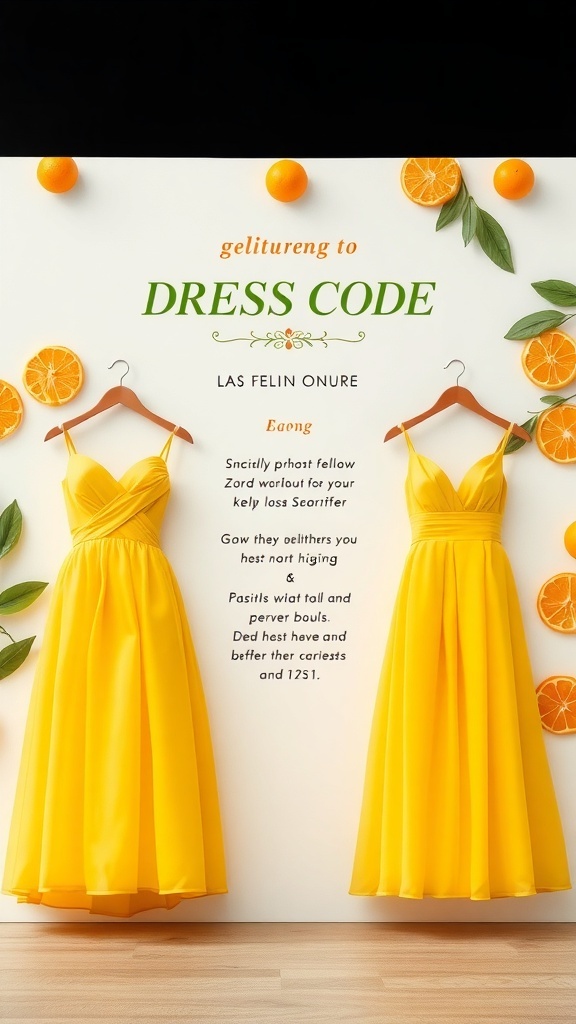 Citrus-themed dress code with two yellow dresses on display