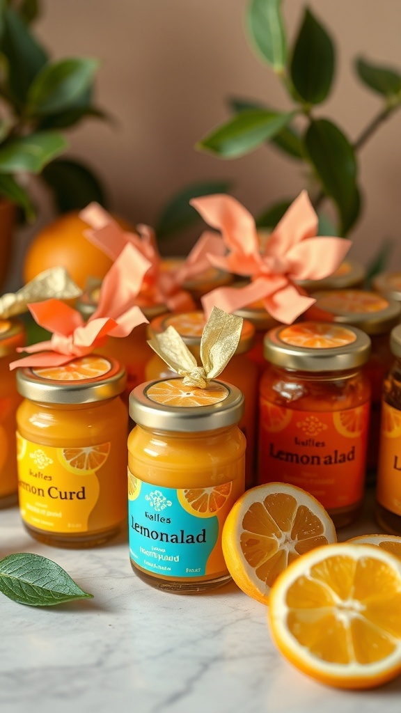 Jars of lemon curd and lemonalad, decorated with ribbons and surrounded by fresh lemons