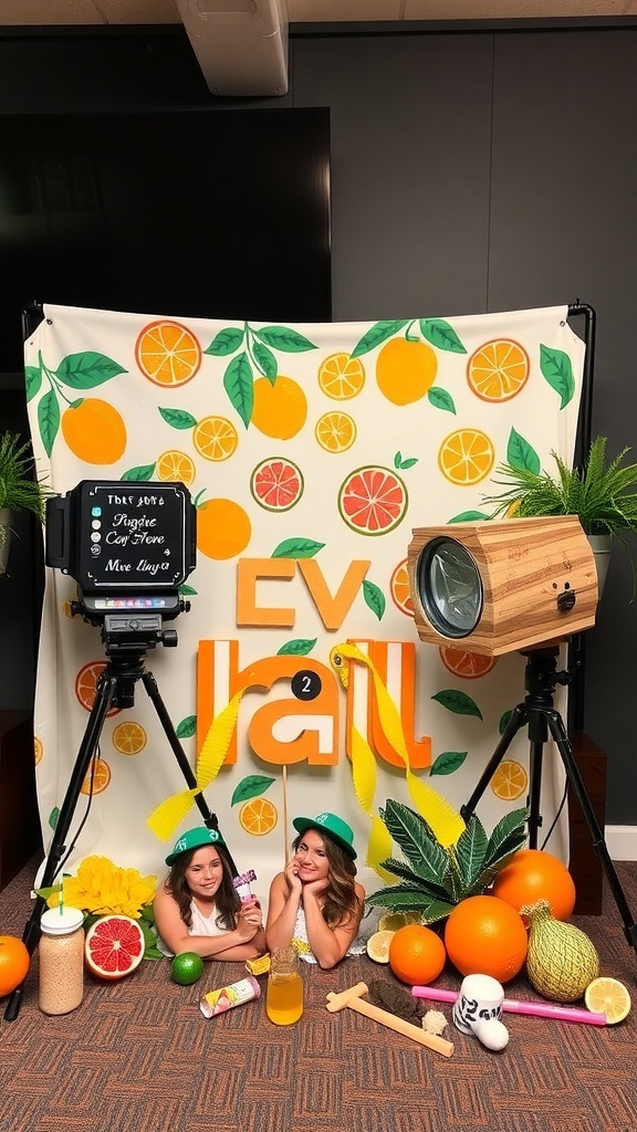 Citrus-themed photo booth with decorations and two women posing