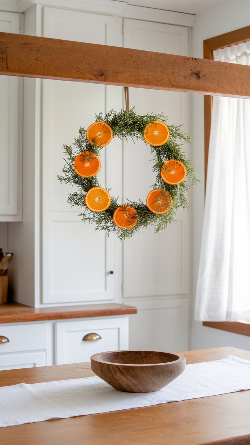 A citrus and herb wreath made with orange slices and green herbs, hanging in a bright kitchen.