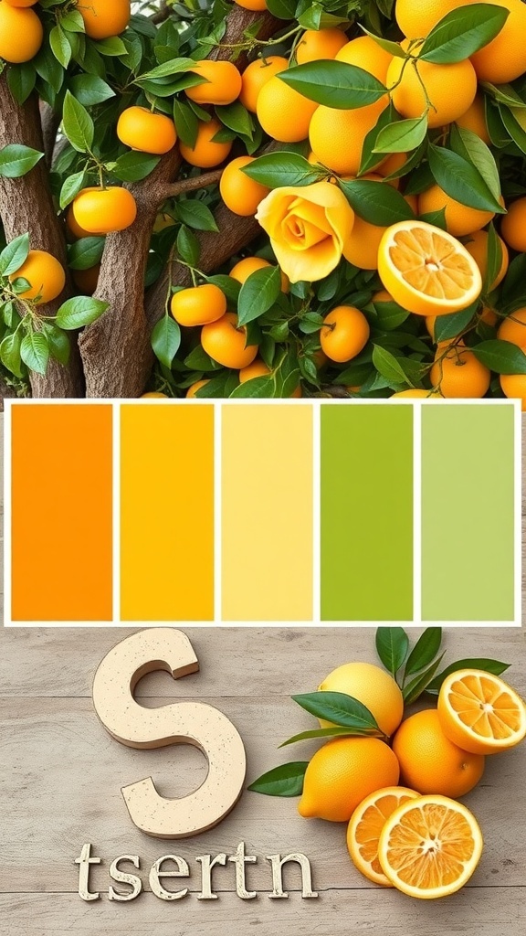 A vibrant collection of oranges hanging on a tree, along with a citrus color palette featuring shades of yellow and green.