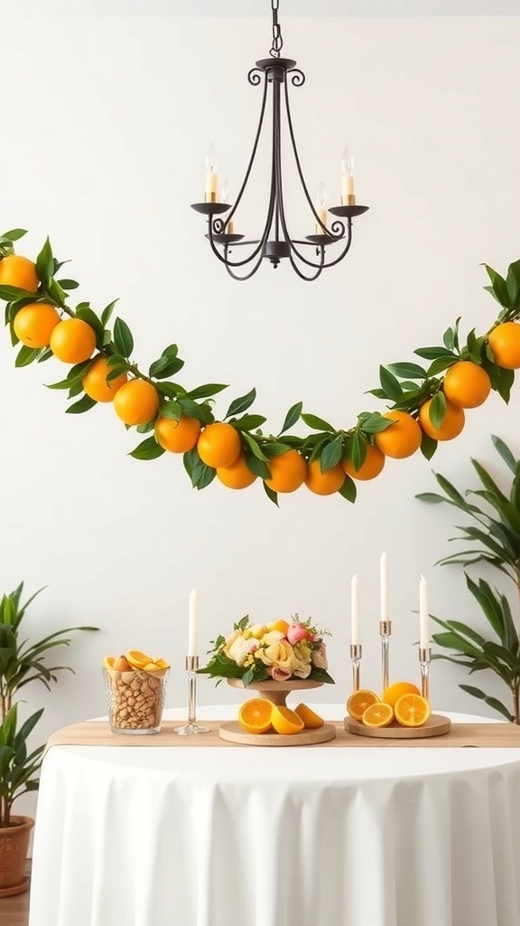 Decorative citrus fruit garland with oranges and green leaves hanging near a chandelier, above a bridal shower table with oranges and flowers.