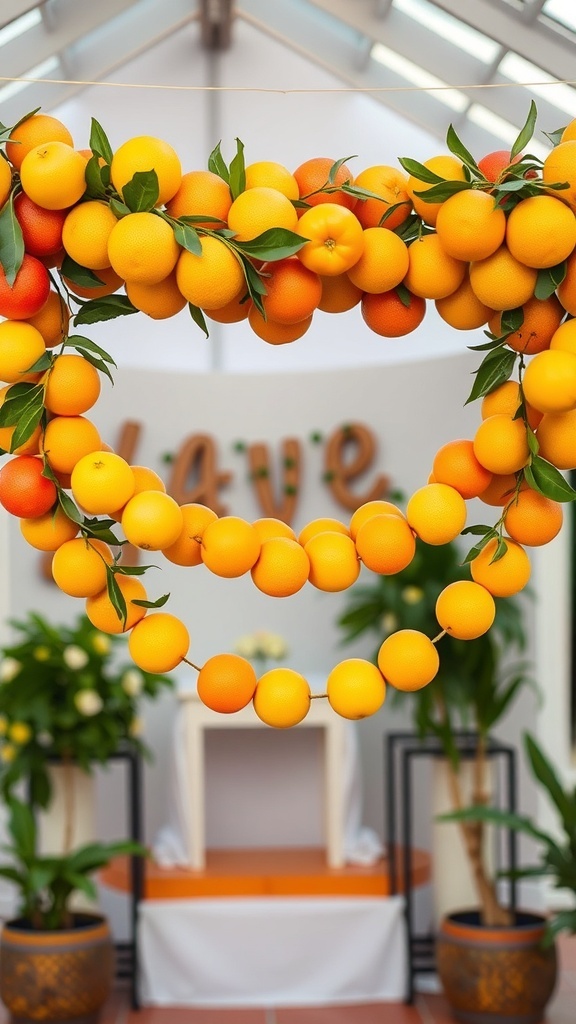A vibrant citrus fruit garland made of oranges and lemons.