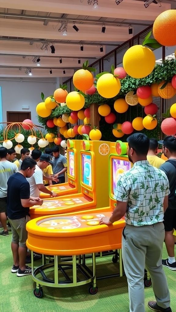 A vibrant citrus-themed bridal shower setting with colorful games and decorations.