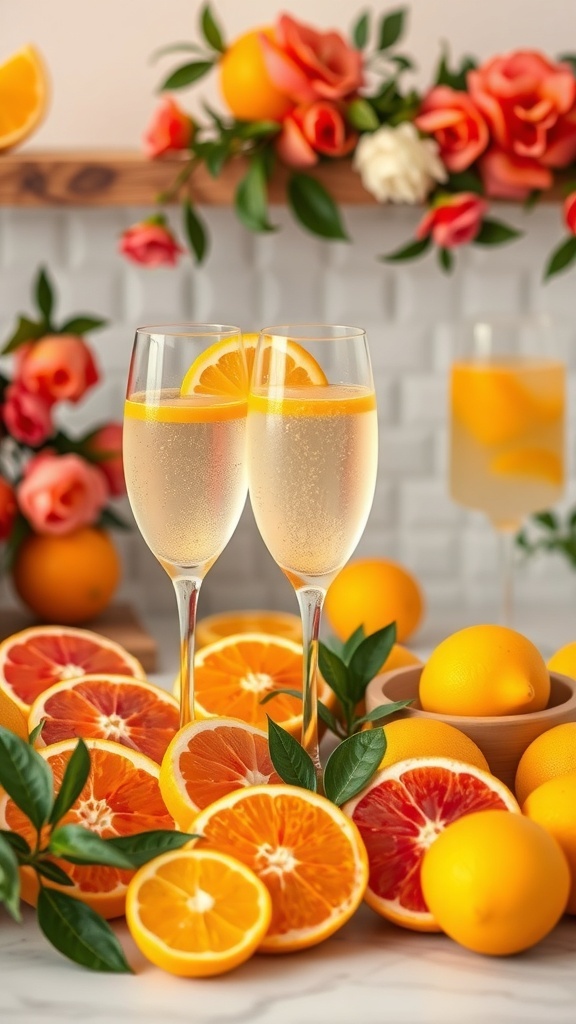 A beautiful display of mimosas with citrus fruits, including orange slices and whole oranges, surrounded by flowers.