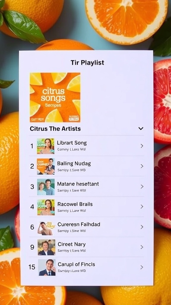 Citrus-themed playlist with song titles and images of oranges and lemons.