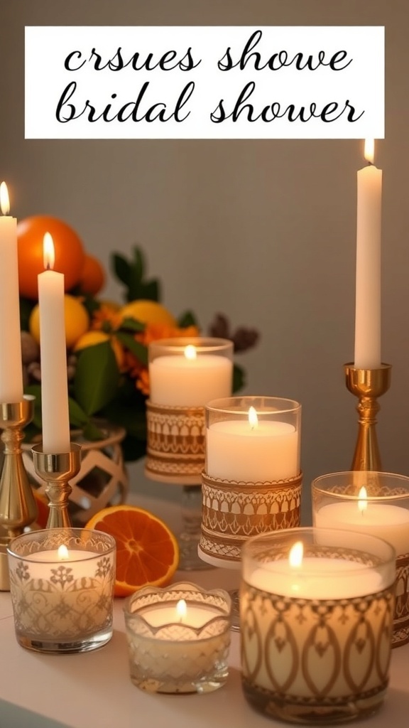A collection of citrus scented candles in decorative holders with oranges