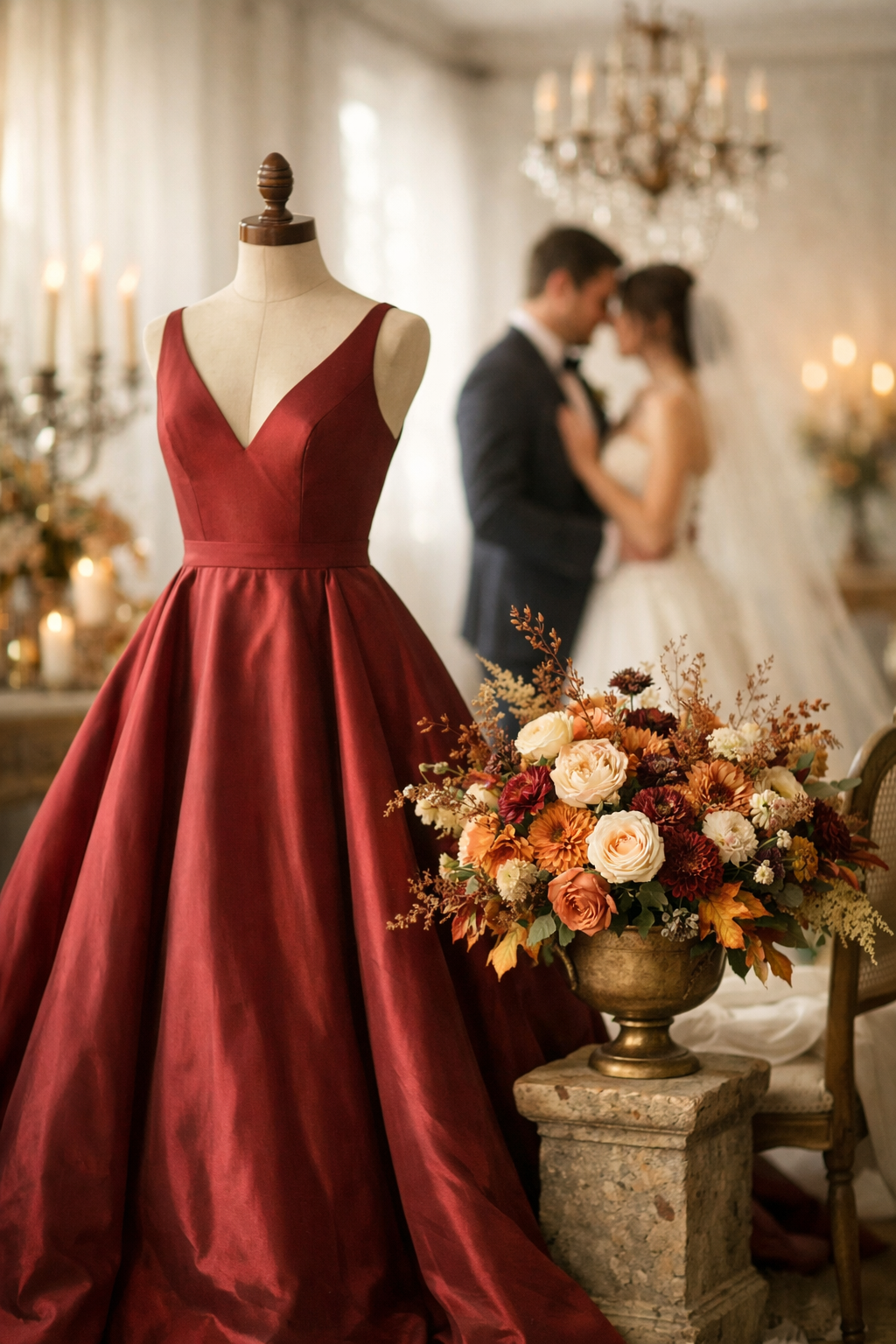 A classic burgundy A-line dress on a mannequin with a bouquet of autumn flowers in the foreground and a couple in the background