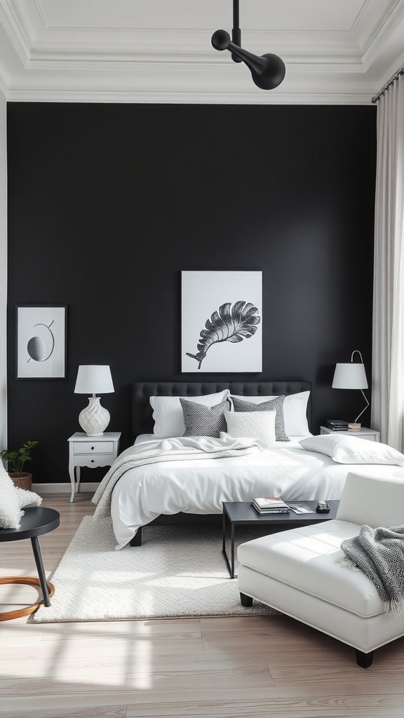 A modern bedroom featuring a classic black accent wall, white bedding, and stylish decor.