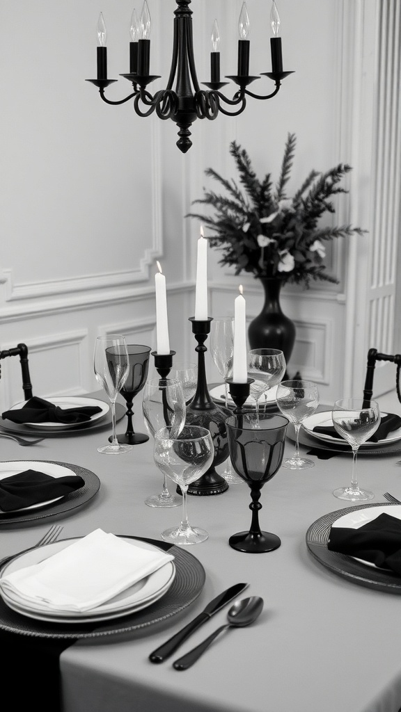 Elegant black and white bridal shower table set with candles and floral arrangement
