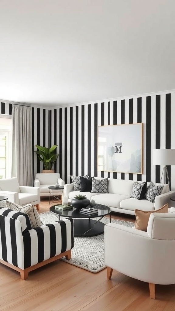 A modern living room featuring black and white striped walls, striped chairs, and a cozy layout.