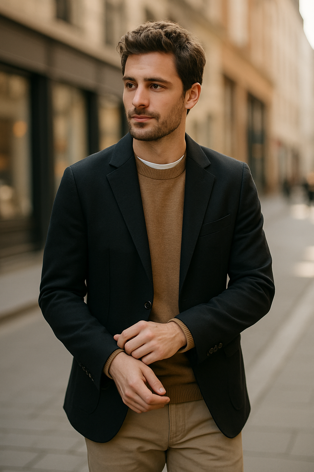 A man wearing a black blazer over a brown sweater, standing on a city street.