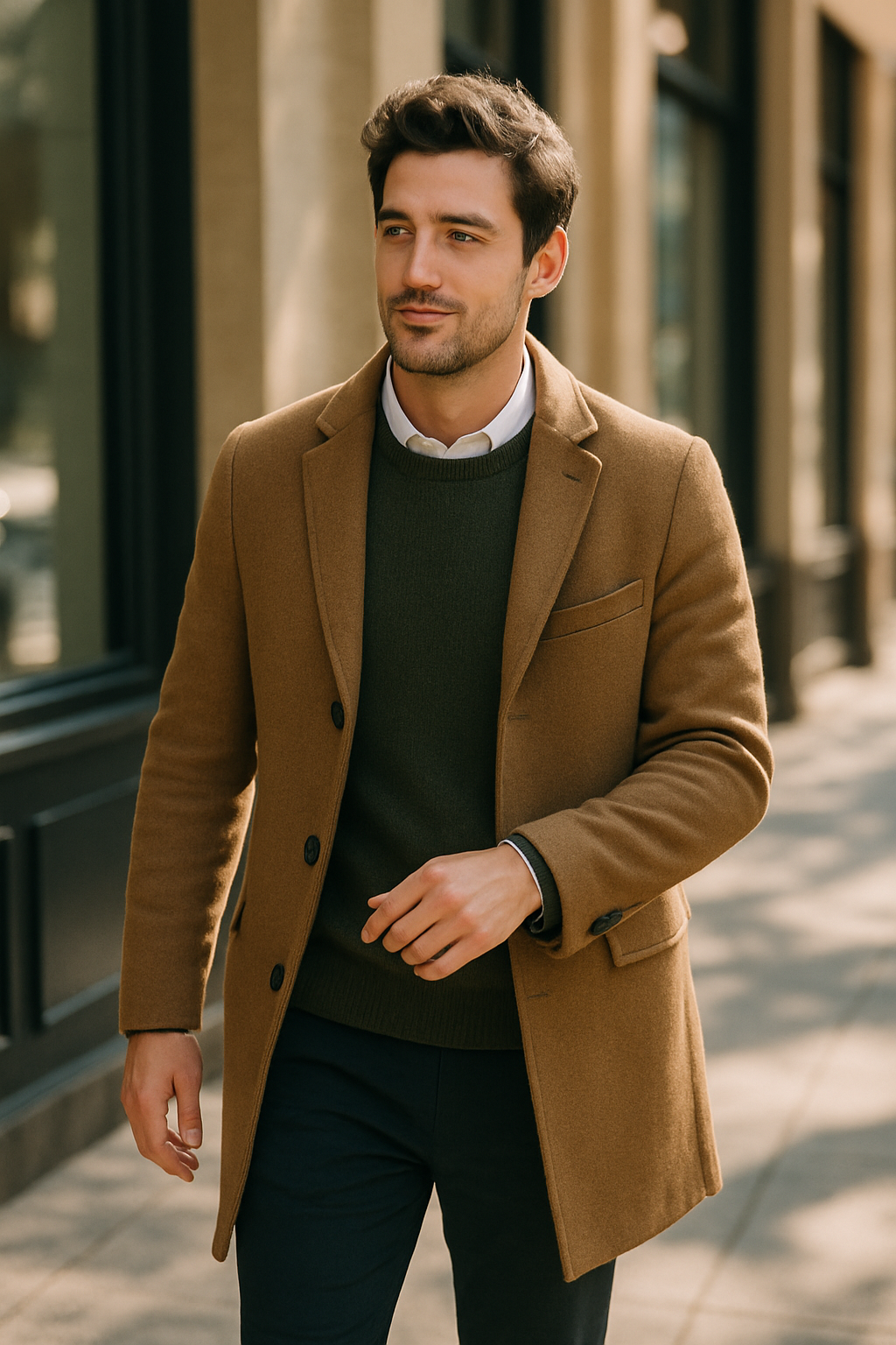 A well-dressed man walking confidently in a stylish overcoat and sweater, showcasing classic black dress shoes.