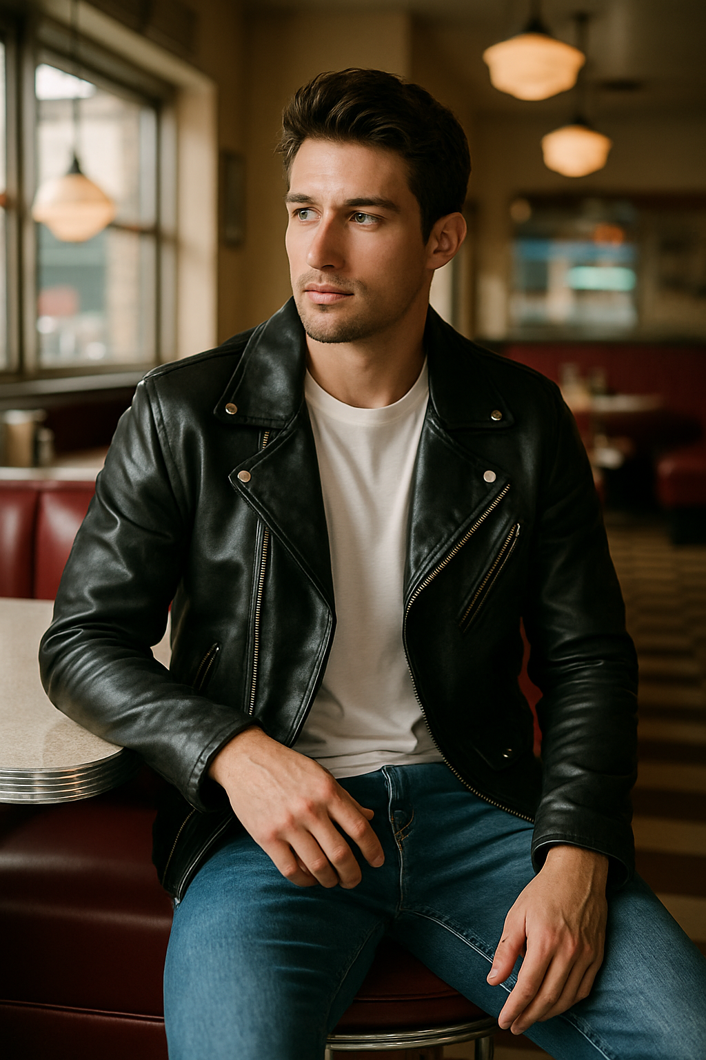 A man wearing a black leather jacket over a white t-shirt, sitting in a diner with denim jeans.