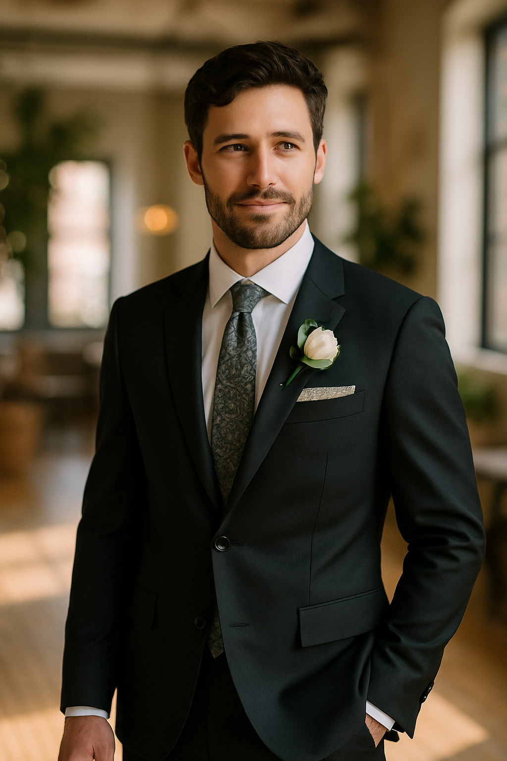 A groom in a classic black suit with a patterned tie and a white boutonniere, standing in a modern setting.