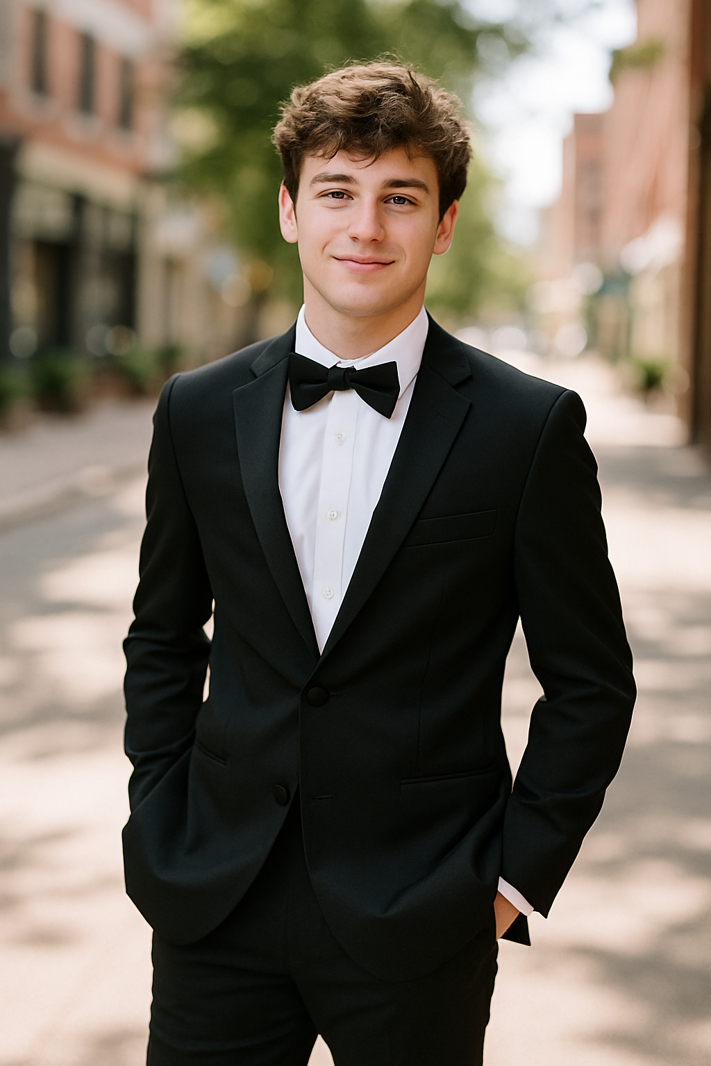 A young man in a classic black tuxedo with a bow tie, standing confidently on a city street.