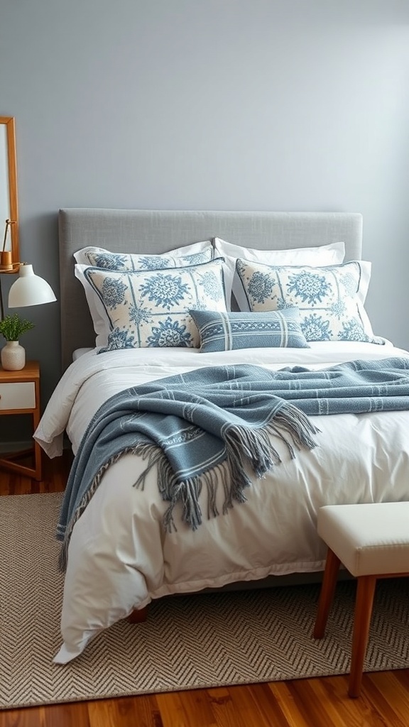 A cozy blue and white bedroom featuring decorative pillows, a soft duvet, and a blue throw blanket.