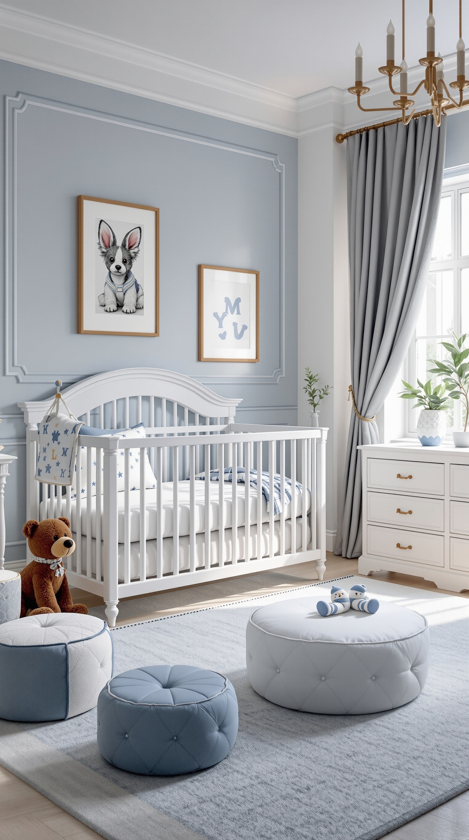 A baby boy's bedroom featuring a classic blue and white color palette, with a white crib, blue walls, and decorative elements.