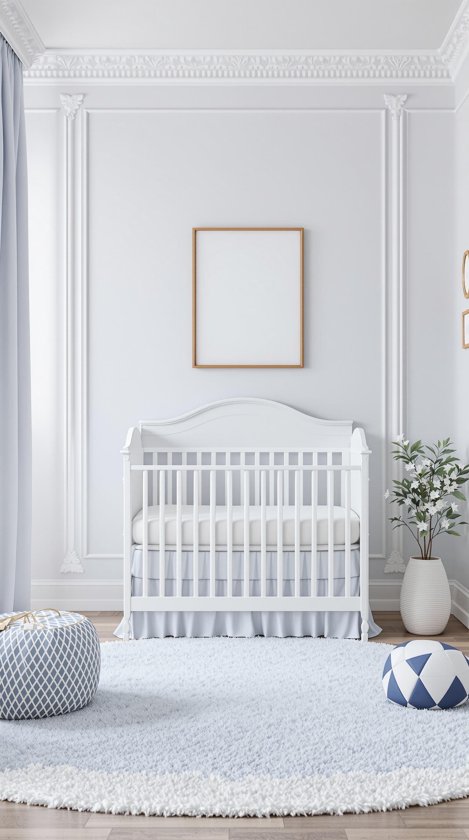 A baby boy's room featuring a white crib, blue walls, and a soft blue rug.