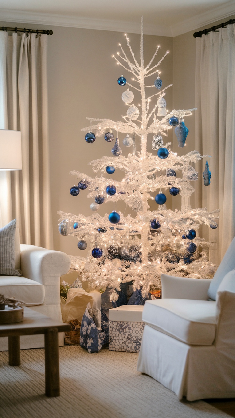 A white Christmas tree decorated with blue ornaments and white lights, surrounded by cozy furniture.