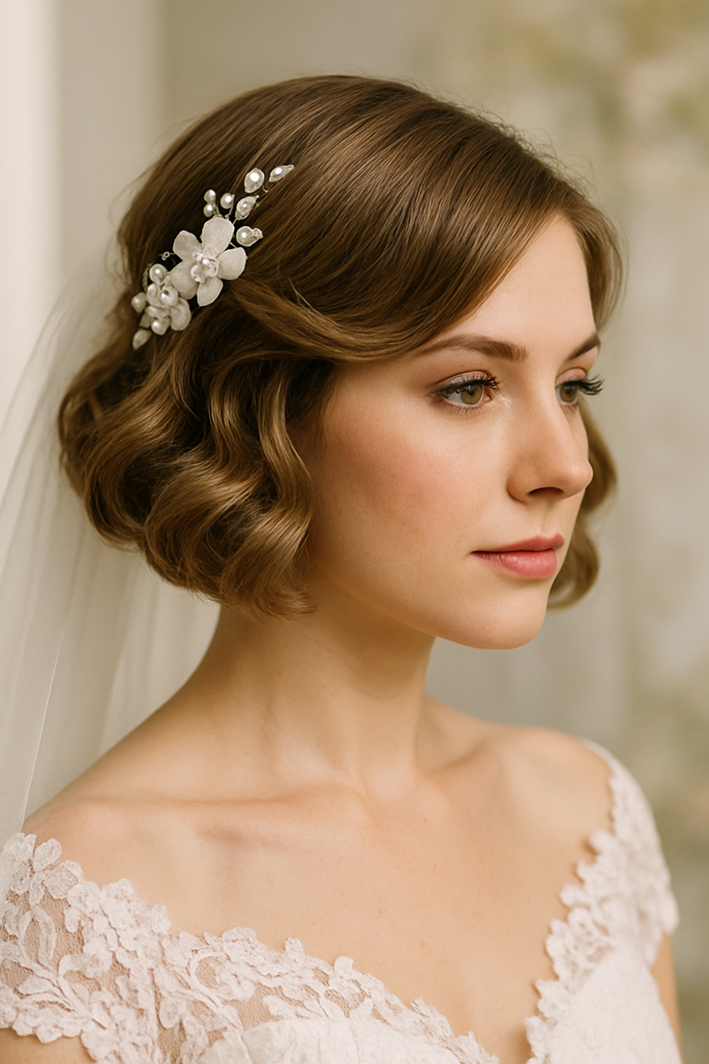 Bride with a classic bob hairstyle featuring soft curls and a floral hair accessory