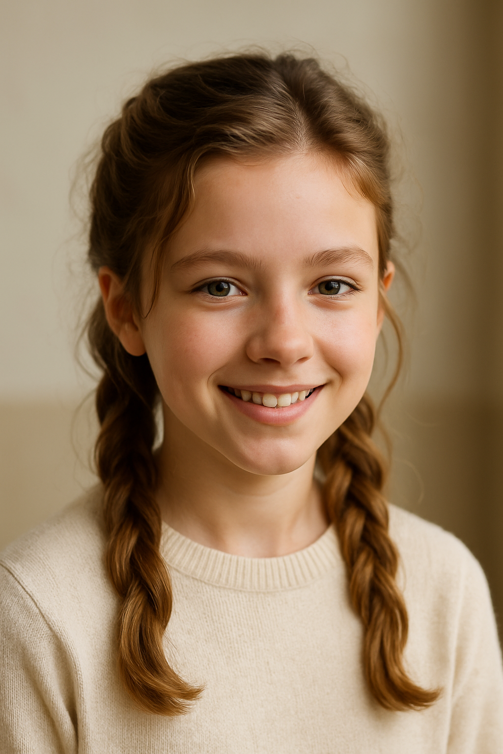 A young girl with braided pigtails smiling at the camera