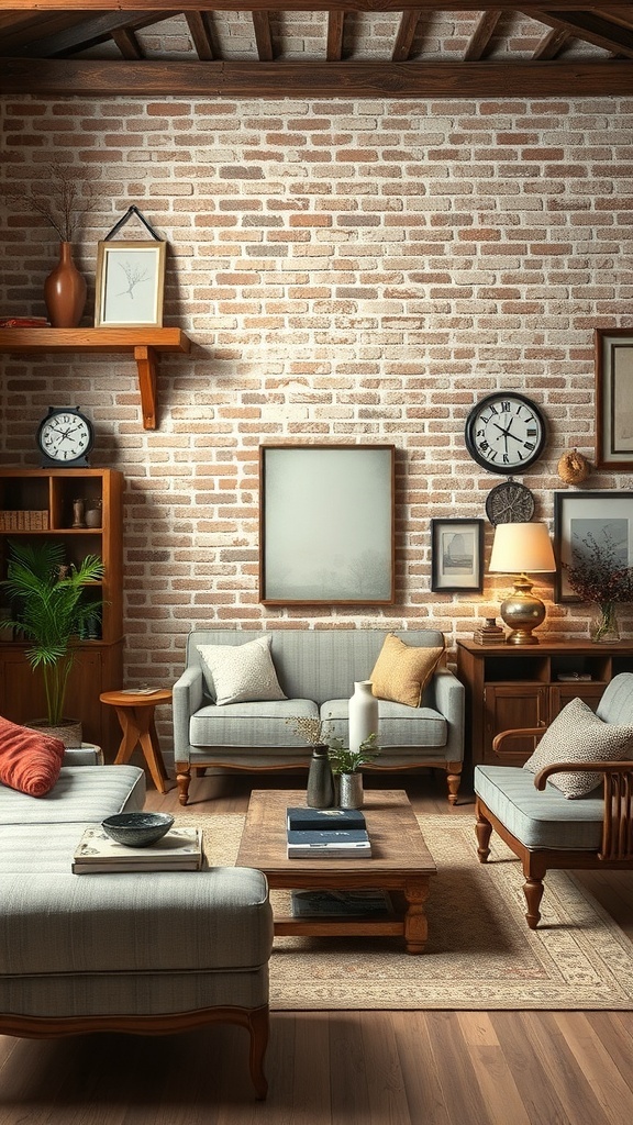 Living room with a classic brick accent wall, featuring gray sofas, wooden furniture, and decorative elements.