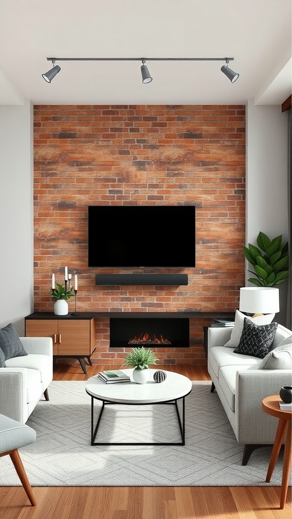 Living room with a classic brick accent wall and mounted TV