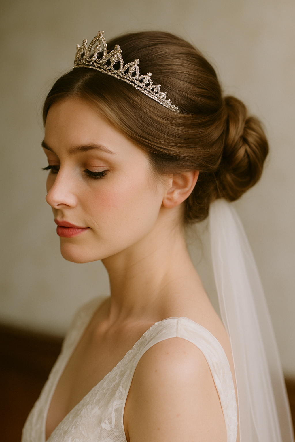 A bride with a classic bun hairstyle adorned with a vintage tiara, showcasing elegance and sophistication.